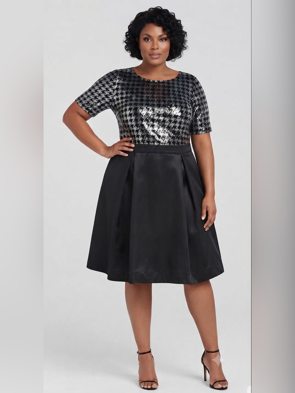 Glamour Nights Black & Silver Houndstooth Fit-and-Flare Balloon Hem Dress